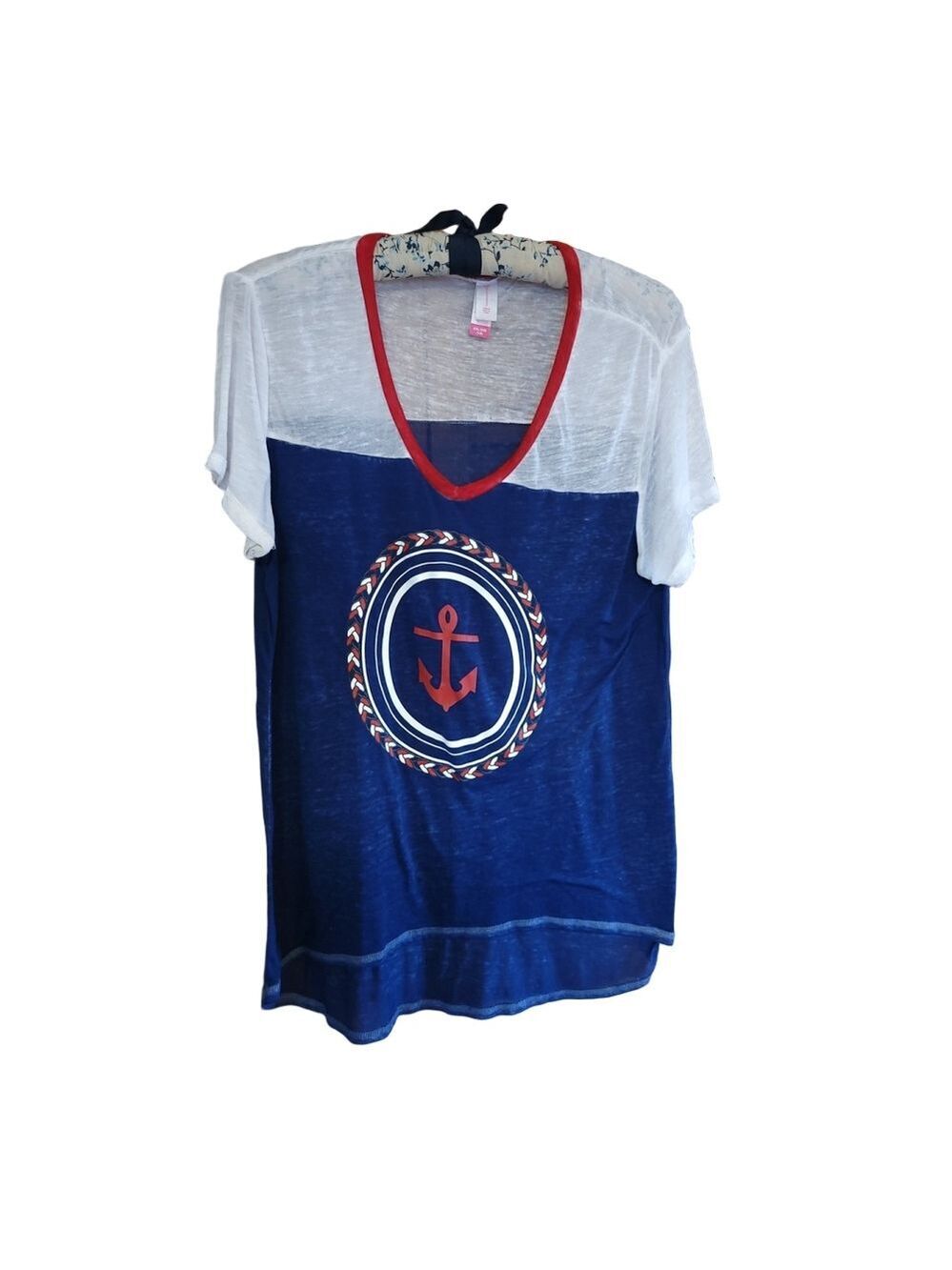 No Boundaries Blue White XXL V-Neck Anchor Graphic Shirt